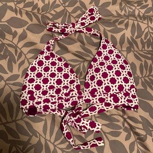 Purple and white halter bathing suit top. Tie straps and tie back